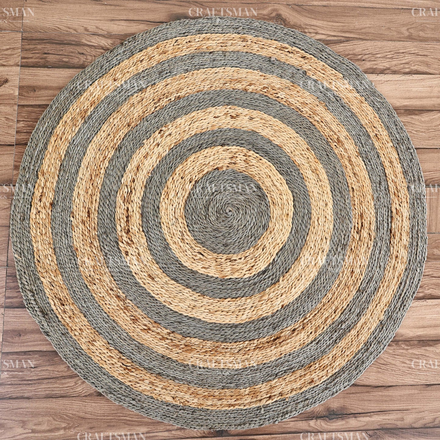 Ashford Round Jute Hand-Woven Natural Rug – Gray Natural Striped Boho Farmhouse Circle Area Carpet for Living Room Bedroom Entryway Patio Decor