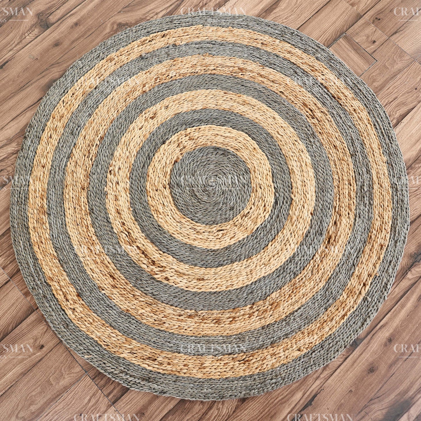 Ashford Round Jute Hand-Woven Natural Rug – Gray Natural Striped Boho Farmhouse Circle Area Carpet for Living Room Bedroom Entryway Patio Decor