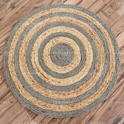 Ashford Round Jute Hand-Woven Natural Rug – Gray Natural Striped Boho Farmhouse Circle Area Carpet for Living Room Bedroom Entryway Patio Decor