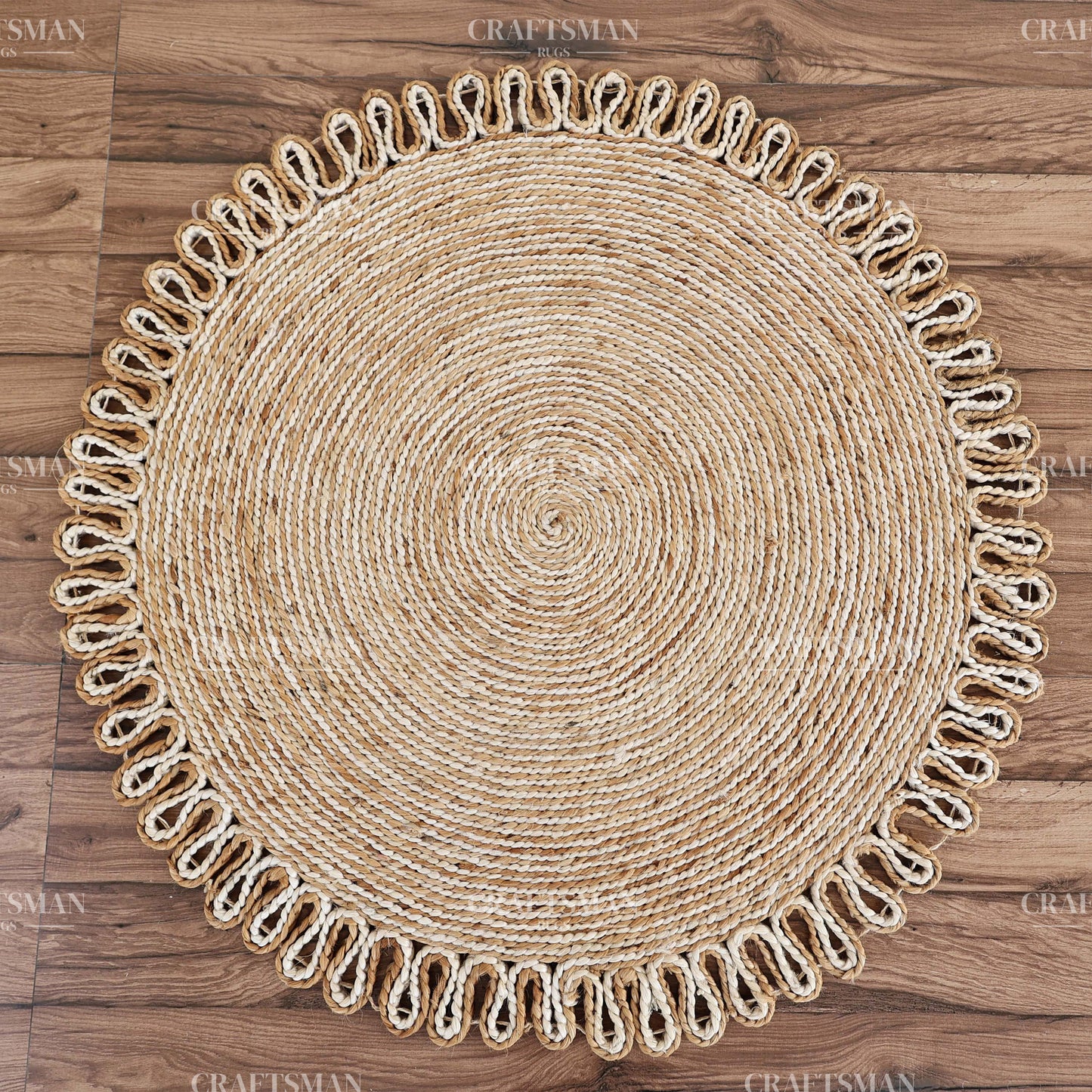 Lunara Round Jute Hand-Woven Natural Rug – Ivory Natural Braided Loop Border Boho Farmhouse Circle Area Carpet for Living Room Bedroom Entryway Decor
