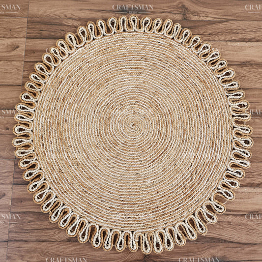 Lunara Round Jute Hand-Woven Natural Rug – Ivory Natural Braided Loop Border Boho Farmhouse Circle Area Carpet for Living Room Bedroom Entryway Decor