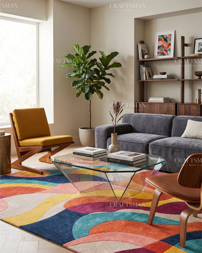 Hand Tufted Abstract Multicolor Area Rug – Modern Geometric Wave Wool Rug for Living Room & Bedroom