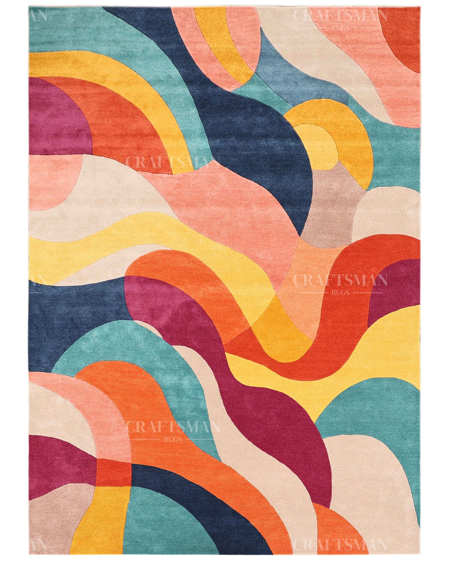 Hand Tufted Abstract Multicolor Area Rug – Modern Geometric Wave Wool Rug for Living Room & Bedroom