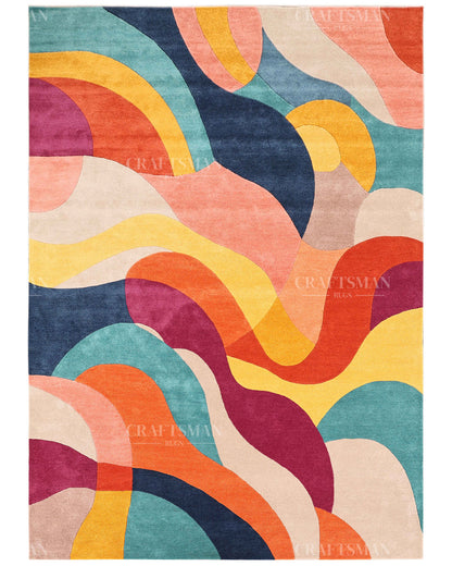 Hand Tufted Abstract Multicolor Area Rug – Modern Geometric Wave Wool Rug for Living Room & Bedroom