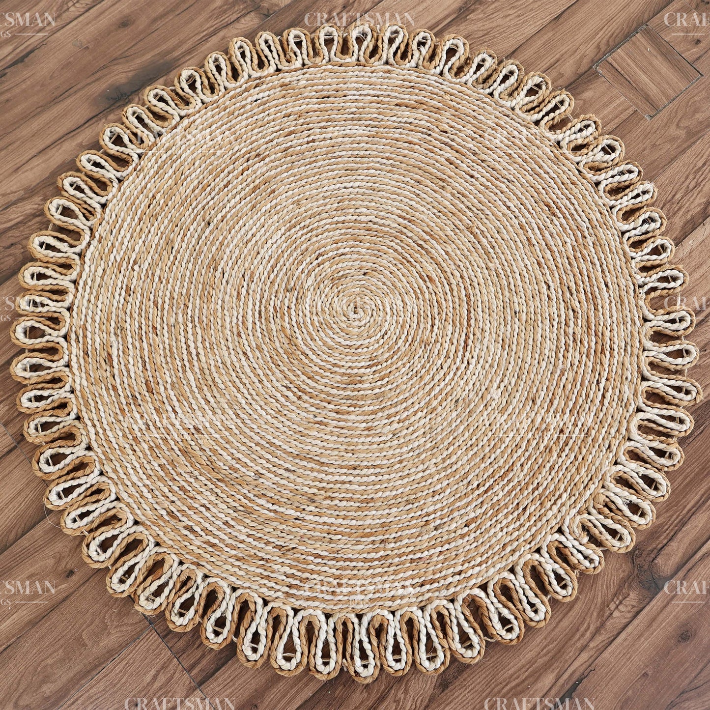 Lunara Round Jute Hand-Woven Natural Rug – Ivory Natural Braided Loop Border Boho Farmhouse Circle Area Carpet for Living Room Bedroom Entryway Decor