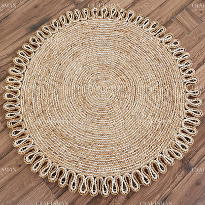 Lunara Round Jute Hand-Woven Natural Rug – Ivory Natural Braided Loop Border Boho Farmhouse Circle Area Carpet for Living Room Bedroom Entryway Decor