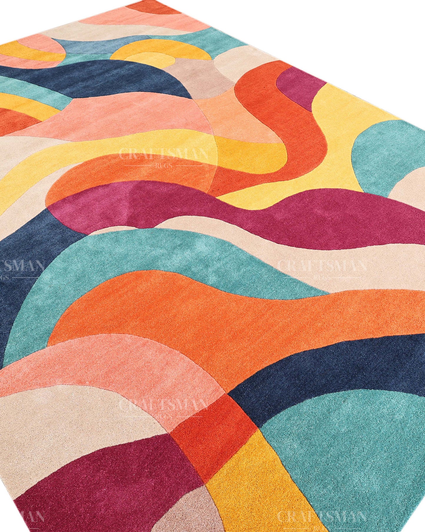 Hand Tufted Abstract Multicolor Area Rug – Modern Geometric Wave Wool Rug for Living Room & Bedroom
