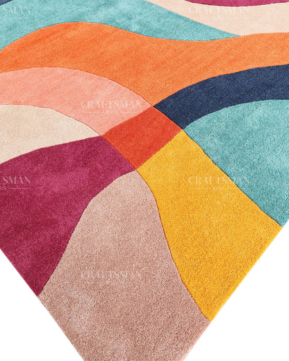 Hand Tufted Abstract Multicolor Area Rug – Modern Geometric Wave Wool Rug for Living Room & Bedroom