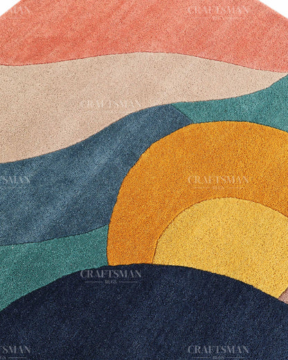 Hand Tufted Abstract Multicolor Area Rug – Modern Geometric Wave Wool Rug for Living Room & Bedroom