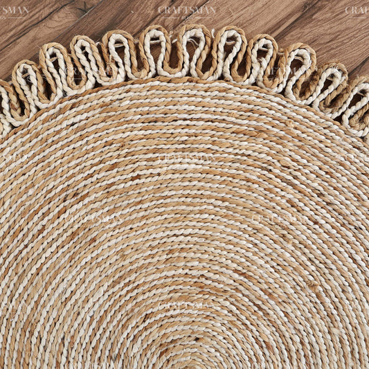 Lunara Round Jute Hand-Woven Natural Rug – Ivory Natural Braided Loop Border Boho Farmhouse Circle Area Carpet for Living Room Bedroom Entryway Decor