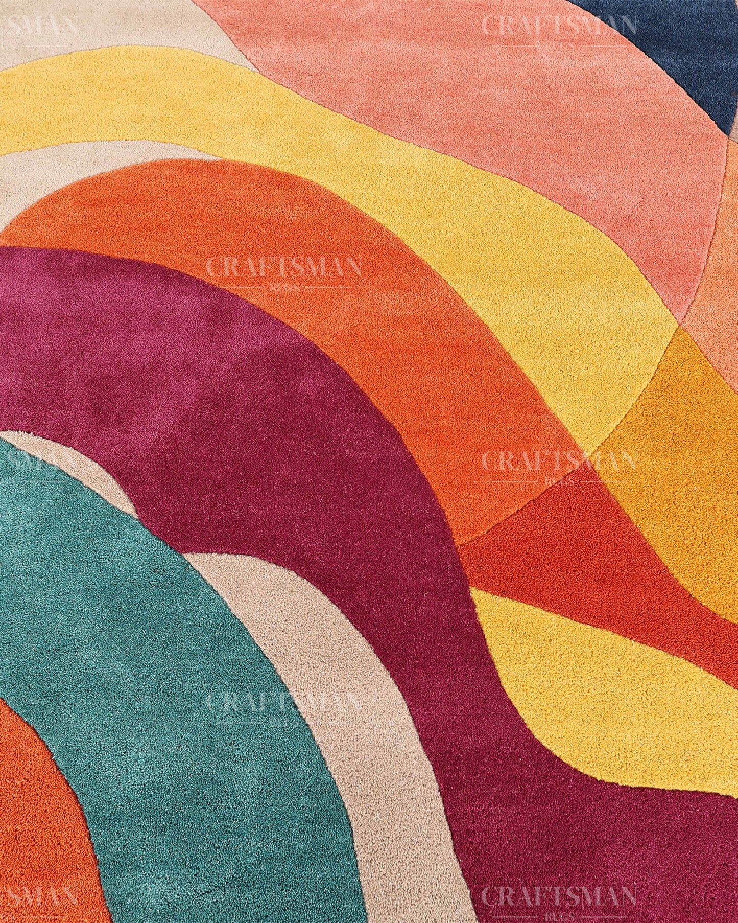 Hand Tufted Abstract Multicolor Area Rug – Modern Geometric Wave Wool Rug for Living Room & Bedroom