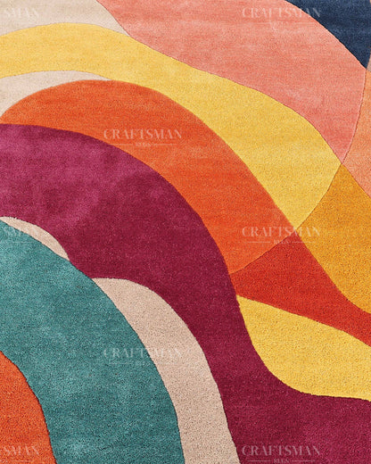 Hand Tufted Abstract Multicolor Area Rug – Modern Geometric Wave Wool Rug for Living Room & Bedroom