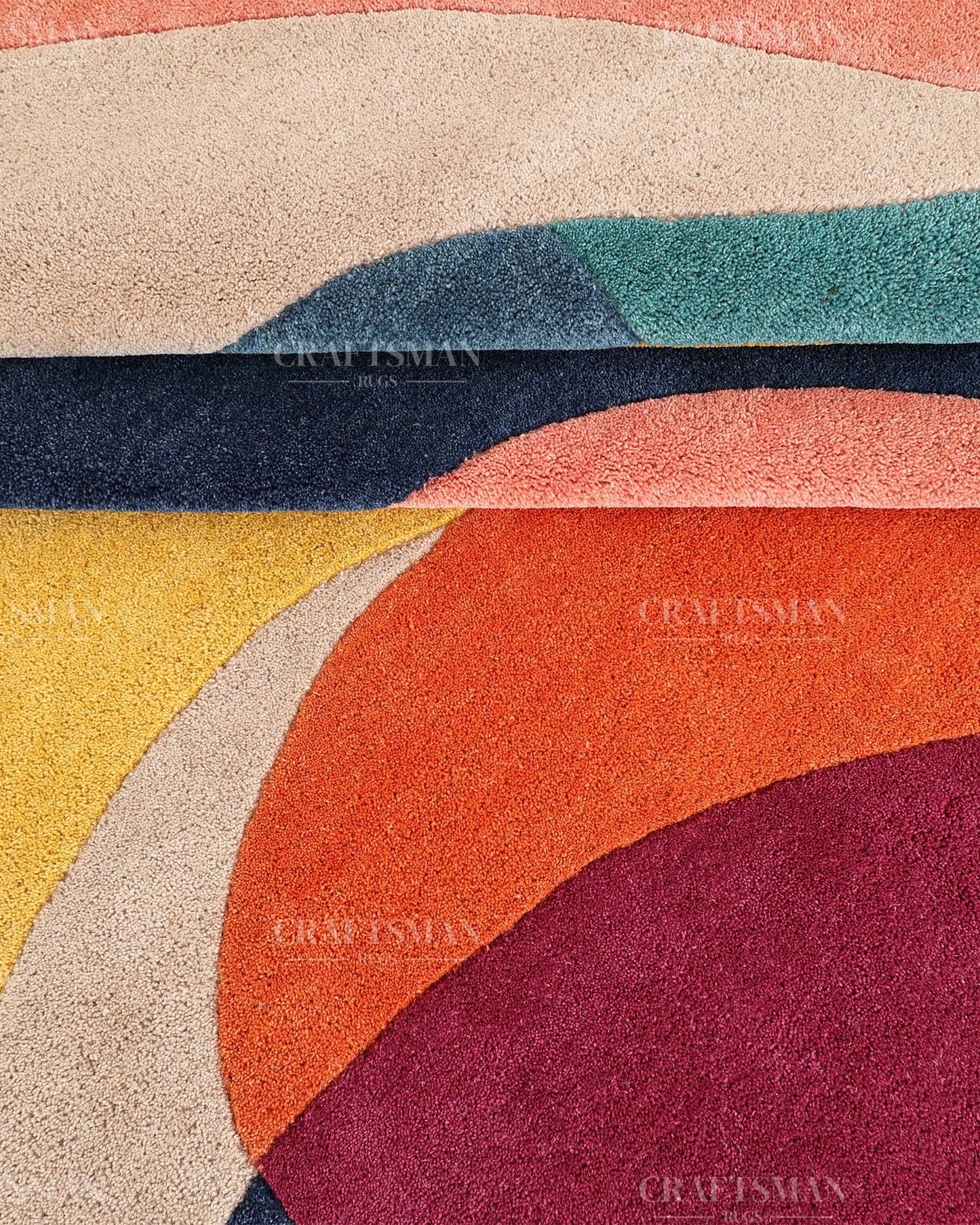 Hand Tufted Abstract Multicolor Area Rug – Modern Geometric Wave Wool Rug for Living Room & Bedroom