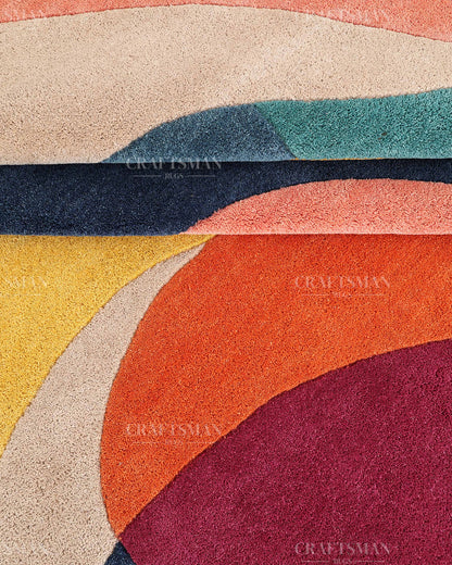 Hand Tufted Abstract Multicolor Area Rug – Modern Geometric Wave Wool Rug for Living Room & Bedroom