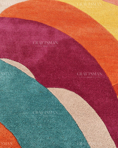 Hand Tufted Abstract Multicolor Area Rug – Modern Geometric Wave Wool Rug for Living Room & Bedroom