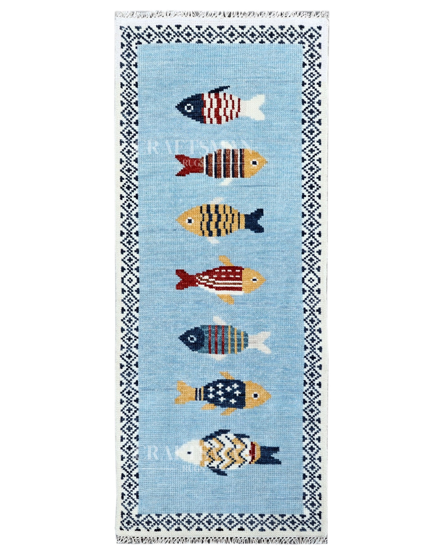 Luxury Hand Knotted Wool Fish Design Rug, Light Blue Coastal Tribal Carpet with Geometric Border for Living Room & Bedroom