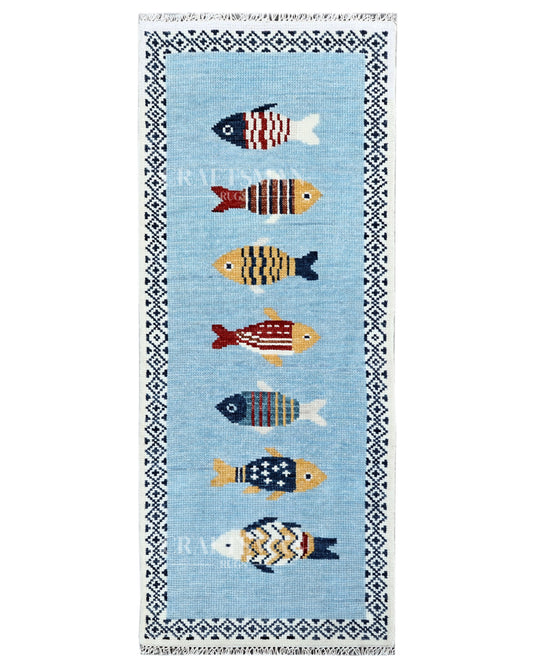 Luxury Hand Knotted Wool Fish Design Rug, Light Blue Coastal Tribal Carpet with Geometric Border for Living Room & Bedroom