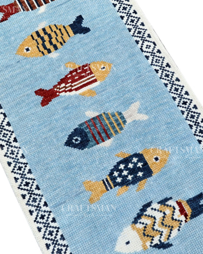Luxury Hand Knotted Wool Fish Design Rug, Light Blue Coastal Tribal Carpet with Geometric Border for Living Room & Bedroom