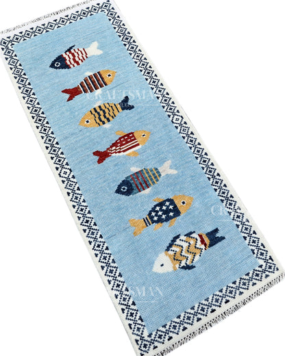 Luxury Hand Knotted Wool Fish Design Rug, Light Blue Coastal Tribal Carpet with Geometric Border for Living Room & Bedroom