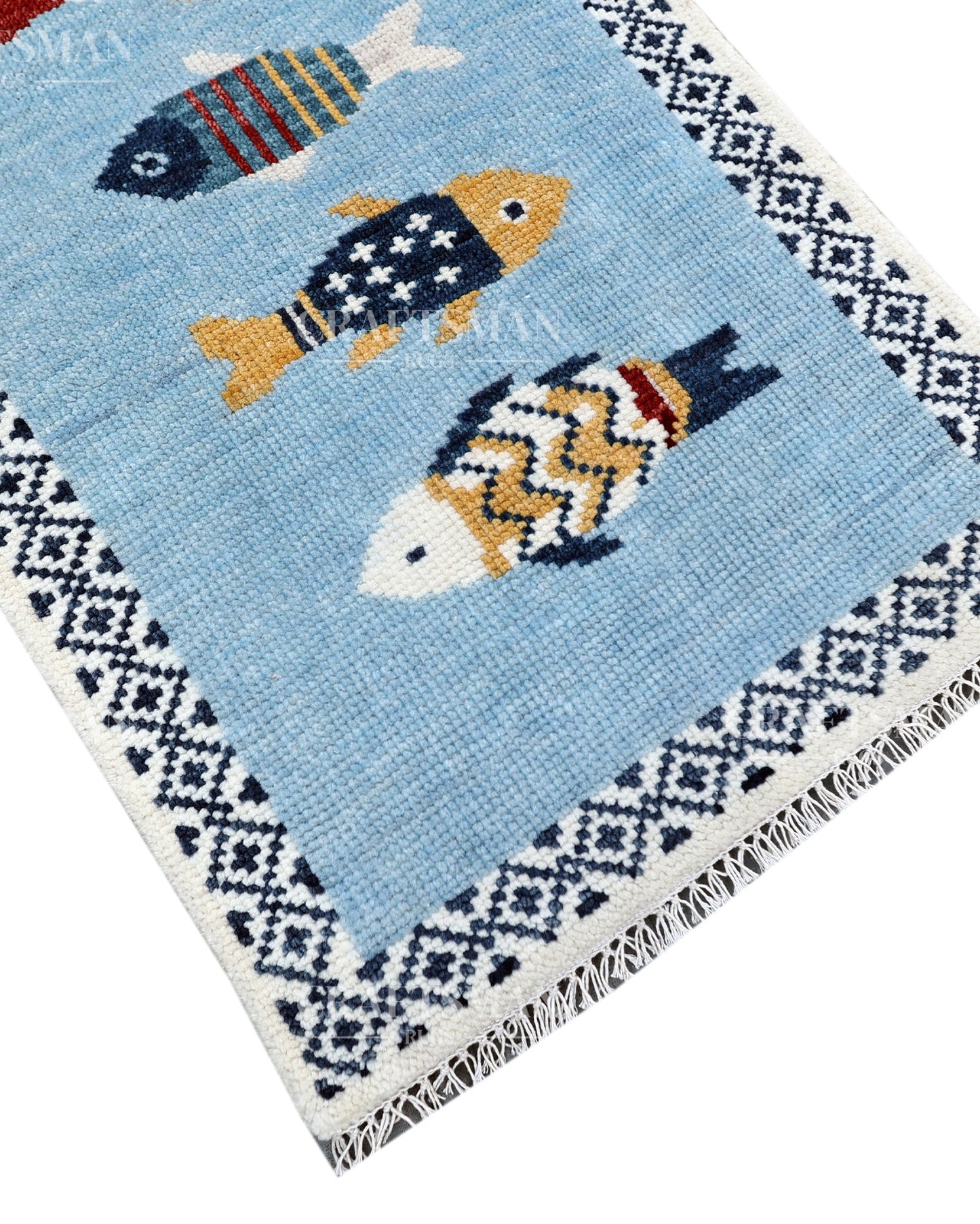 Luxury Hand Knotted Wool Fish Design Rug, Light Blue Coastal Tribal Carpet with Geometric Border for Living Room & Bedroom