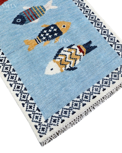 Luxury Hand Knotted Wool Fish Design Rug, Light Blue Coastal Tribal Carpet with Geometric Border for Living Room & Bedroom
