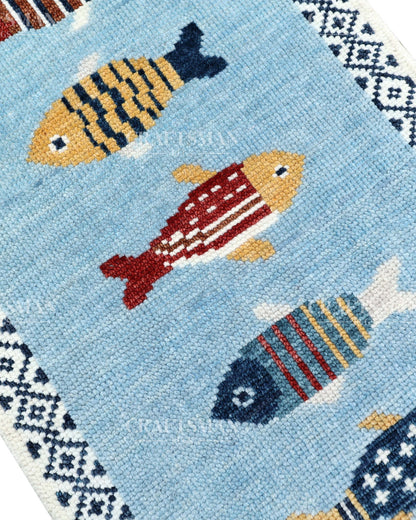 Luxury Hand Knotted Wool Fish Design Rug, Light Blue Coastal Tribal Carpet with Geometric Border for Living Room & Bedroom