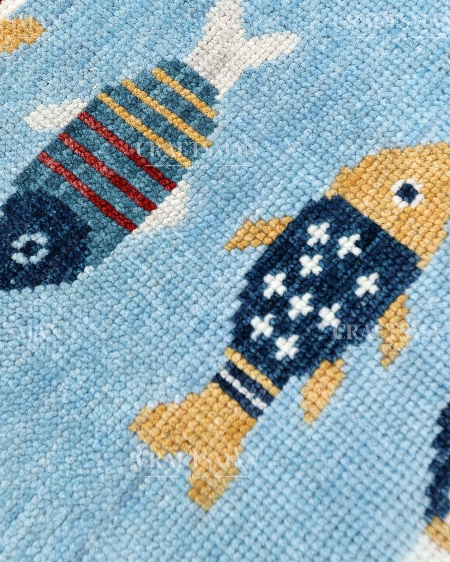 Luxury Hand Knotted Wool Fish Design Rug, Light Blue Coastal Tribal Carpet with Geometric Border for Living Room & Bedroom