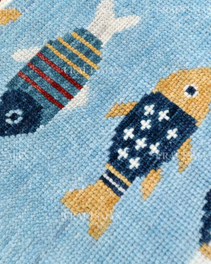 Luxury Hand Knotted Wool Fish Design Rug, Light Blue Coastal Tribal Carpet with Geometric Border for Living Room & Bedroom