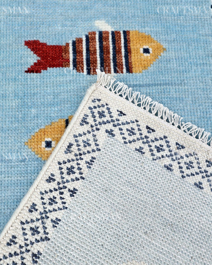 Luxury Hand Knotted Wool Fish Design Rug, Light Blue Coastal Tribal Carpet with Geometric Border for Living Room & Bedroom
