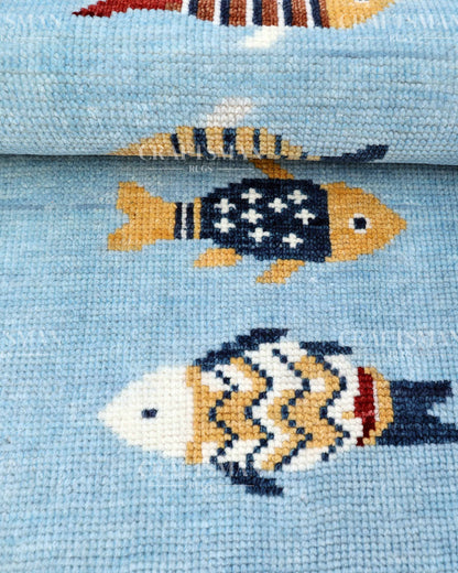 Luxury Hand Knotted Wool Fish Design Rug, Light Blue Coastal Tribal Carpet with Geometric Border for Living Room & Bedroom