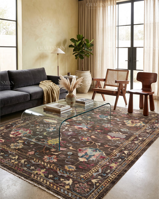Hand Knotted Vintage Persian Oushak Style Floral Rug – Brown Multicolor Wool Area Rug