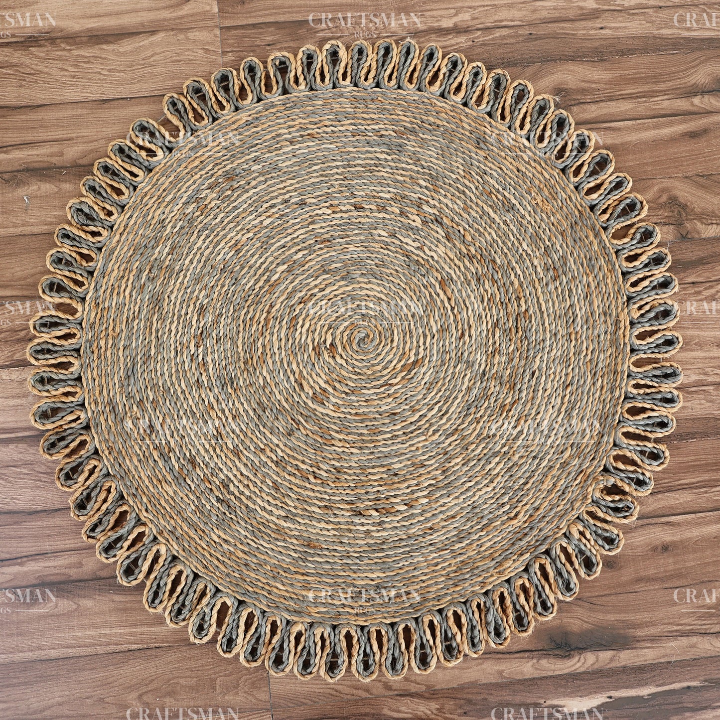 Stormhaven Round Jute Hand-Woven Natural Rug – Gray Natural Braided Loop Border Boho Farmhouse Circle Area Carpet for Living Room Bedroom Entryway Decor