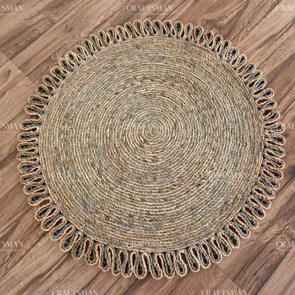 Stormhaven Round Jute Hand-Woven Natural Rug – Gray Natural Braided Loop Border Boho Farmhouse Circle Area Carpet for Living Room Bedroom Entryway Decor