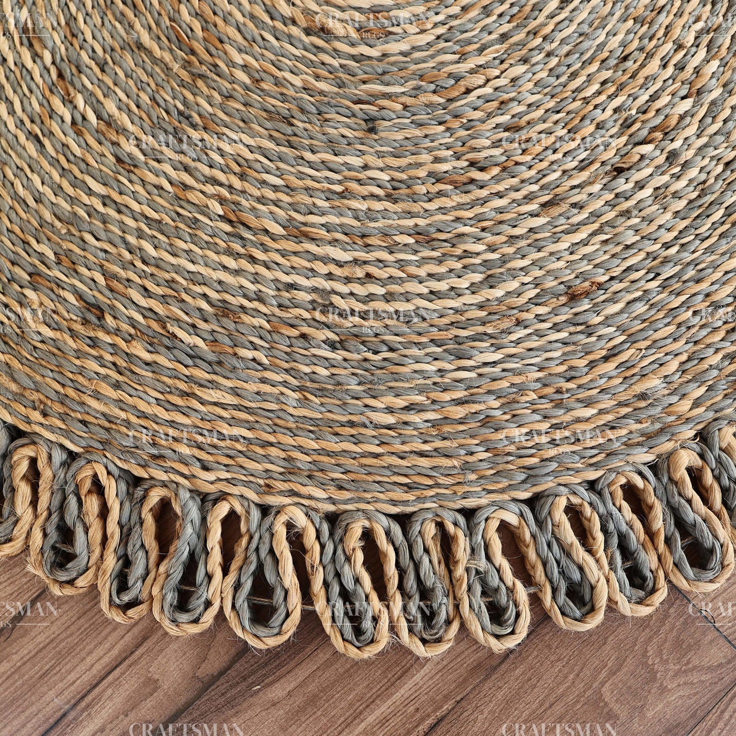 Stormhaven Round Jute Hand-Woven Natural Rug – Gray Natural Braided Loop Border Boho Farmhouse Circle Area Carpet for Living Room Bedroom Entryway Decor