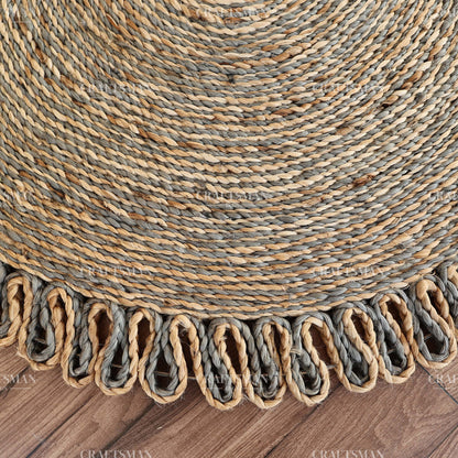 Stormhaven Round Jute Hand-Woven Natural Rug – Gray Natural Braided Loop Border Boho Farmhouse Circle Area Carpet for Living Room Bedroom Entryway Decor