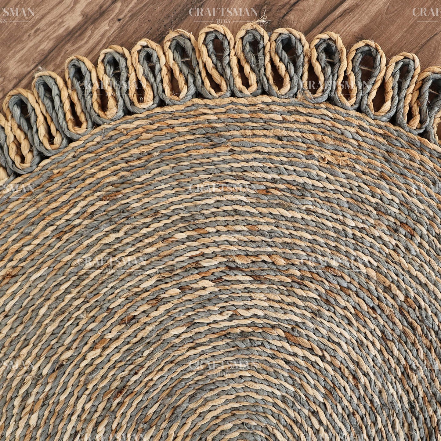 Stormhaven Round Jute Hand-Woven Natural Rug – Gray Natural Braided Loop Border Boho Farmhouse Circle Area Carpet for Living Room Bedroom Entryway Decor