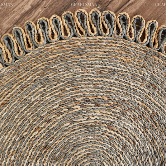 Stormhaven Round Jute Hand-Woven Natural Rug – Gray Natural Braided Loop Border Boho Farmhouse Circle Area Carpet for Living Room Bedroom Entryway Decor