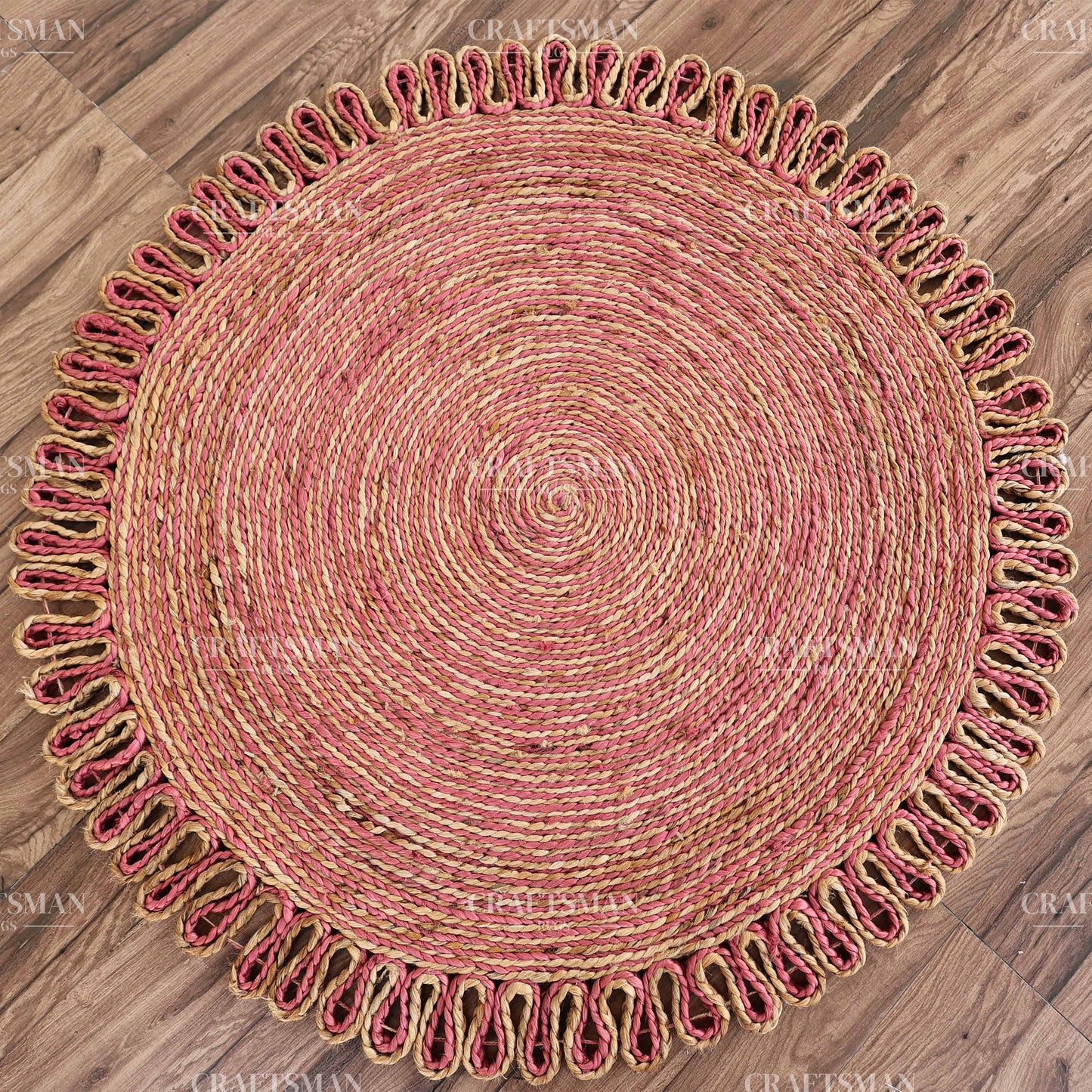 Rosabelle Round Jute Hand-Woven Natural Rug – Pink Natural Braided Loop Border Boho Farmhouse Circle Area Carpet for Living Room Bedroom Nursery Entryway Decor