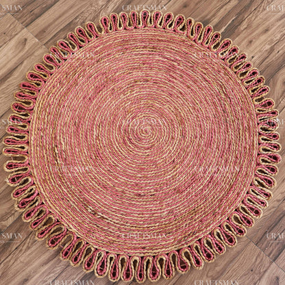 Rosabelle Round Jute Hand-Woven Natural Rug – Pink Natural Braided Loop Border Boho Farmhouse Circle Area Carpet for Living Room Bedroom Nursery Entryway Decor