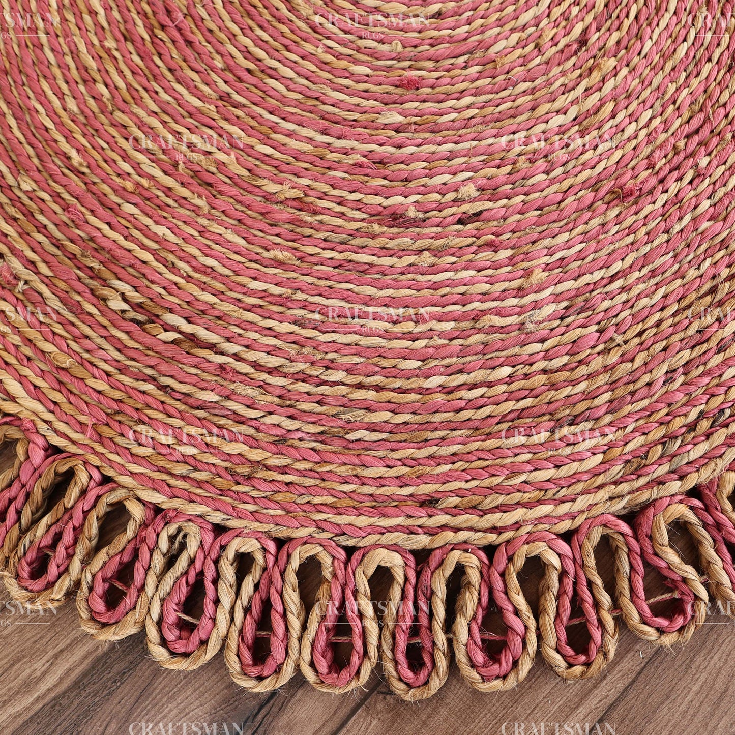 Rosabelle Round Jute Hand-Woven Natural Rug – Pink Natural Braided Loop Border Boho Farmhouse Circle Area Carpet for Living Room Bedroom Nursery Entryway Decor