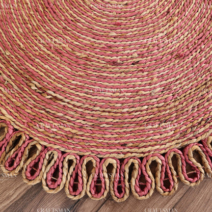Rosabelle Round Jute Hand-Woven Natural Rug – Pink Natural Braided Loop Border Boho Farmhouse Circle Area Carpet for Living Room Bedroom Nursery Entryway Decor