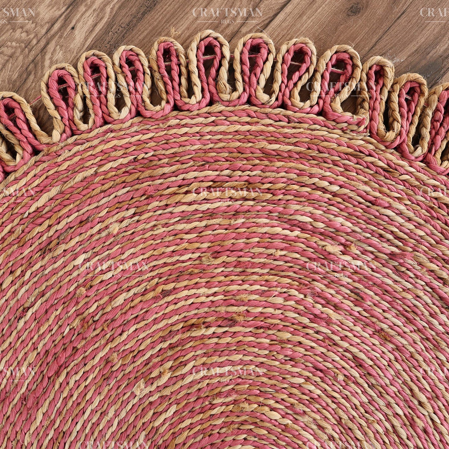 Rosabelle Round Jute Hand-Woven Natural Rug – Pink Natural Braided Loop Border Boho Farmhouse Circle Area Carpet for Living Room Bedroom Nursery Entryway Decor