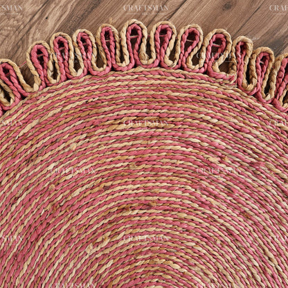 Rosabelle Round Jute Hand-Woven Natural Rug – Pink Natural Braided Loop Border Boho Farmhouse Circle Area Carpet for Living Room Bedroom Nursery Entryway Decor