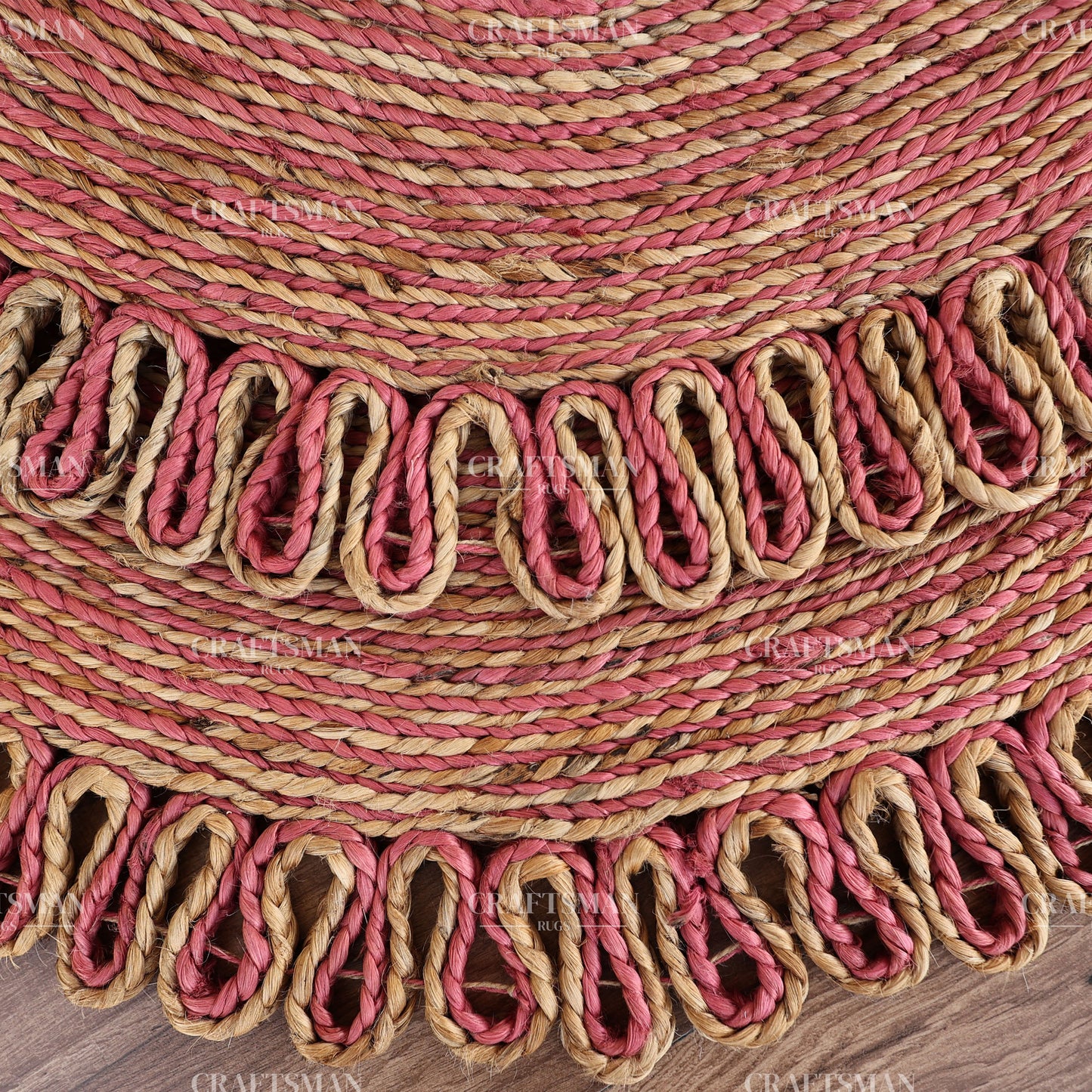 Rosabelle Round Jute Hand-Woven Natural Rug – Pink Natural Braided Loop Border Boho Farmhouse Circle Area Carpet for Living Room Bedroom Nursery Entryway Decor