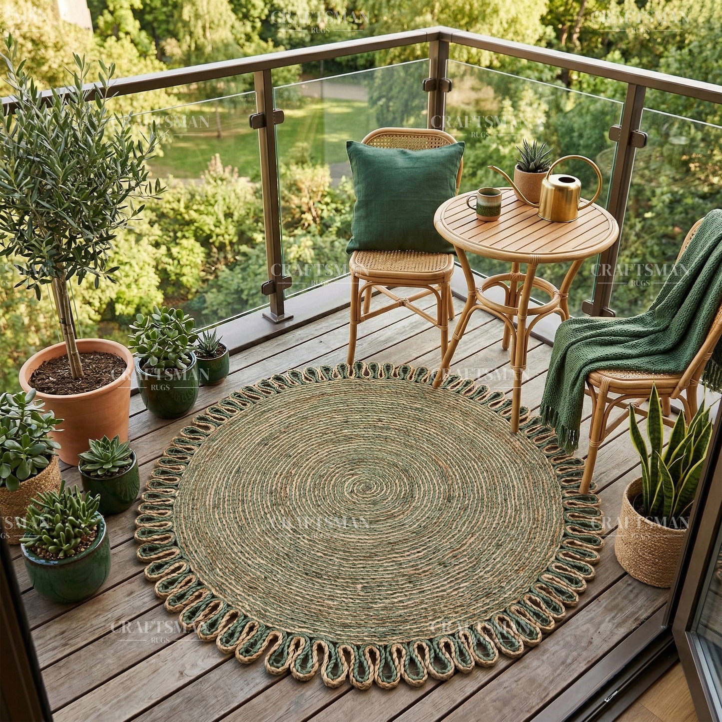 Verdara Round Jute Hand-Woven Natural Rug – Green Natural Braided Loop Border Boho Farmhouse Circle Area Carpet for Living Room Bedroom Entryway Patio Decor