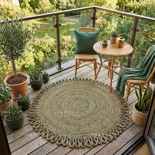 Verdara Round Jute Hand-Woven Natural Rug – Green Natural Braided Loop Border Boho Farmhouse Circle Area Carpet for Living Room Bedroom Entryway Patio Decor