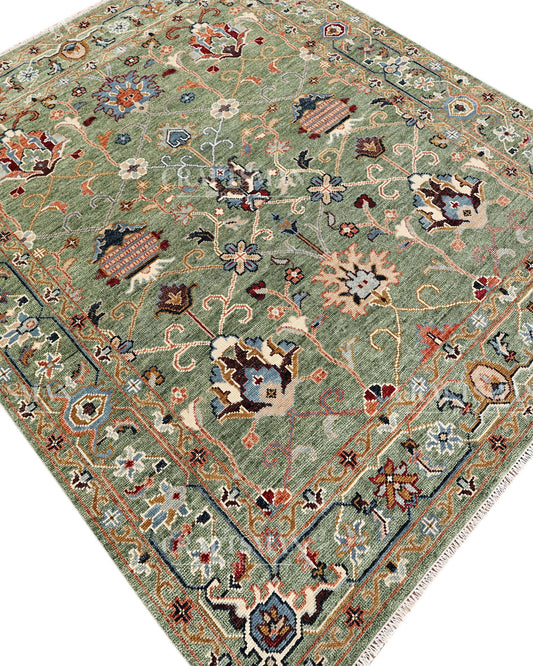 Verdant Oushak Hand-Knotted Wool Rug – Vintage Sage Green & Ivory Floral Garden Design | Handmade Luxury Area Rug | Custom Size