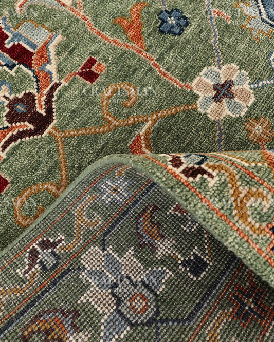 Verdant Oushak Hand-Knotted Wool Rug – Vintage Sage Green & Ivory Floral Garden Design | Handmade Luxury Area Rug | Custom Size