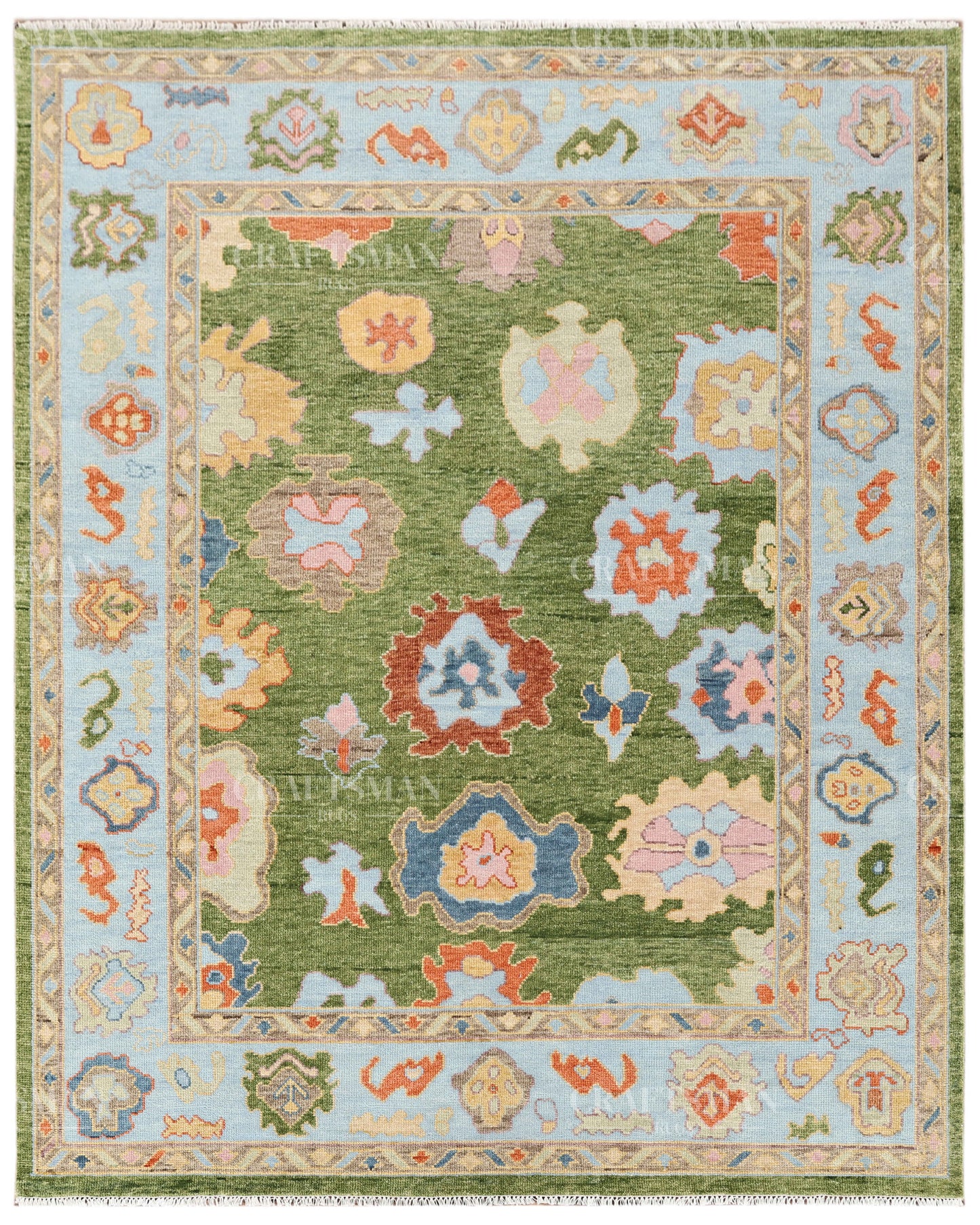 Hand Knotted Oushak Rug – Olive Green & Sky Blue Wool Area Rug | Vintage Turkish Inspired Handmade Floral Carpet