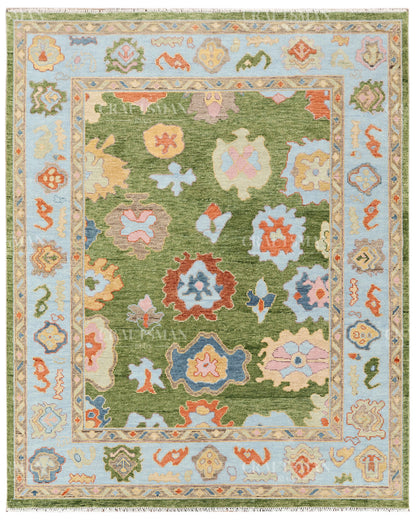 Hand Knotted Oushak Rug – Olive Green & Sky Blue Wool Area Rug | Vintage Turkish Inspired Handmade Floral Carpet